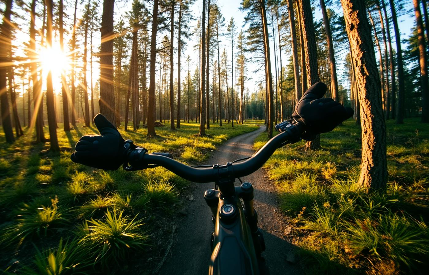 Mountain biker on forest trail at golden hour